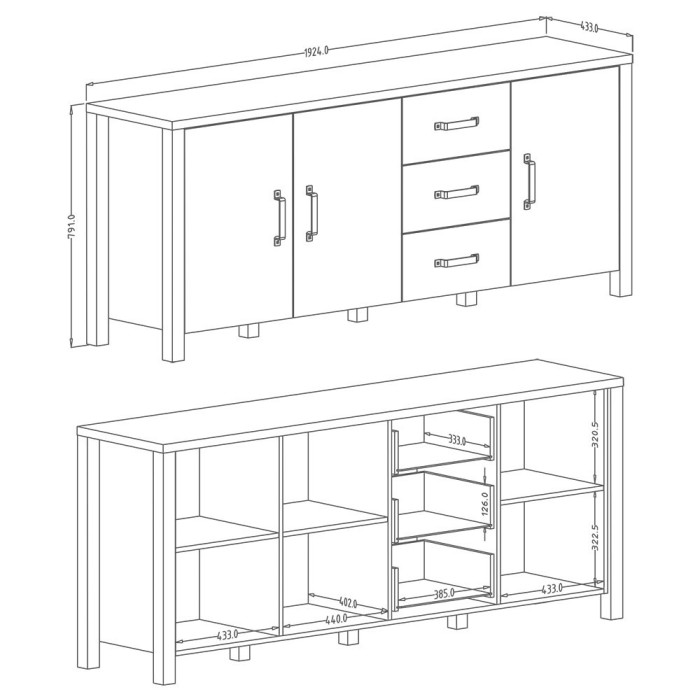 Buffet XL 190cm collection DARWIN. Couleur épicéa et noir. 3 portes et 3 tiroirs