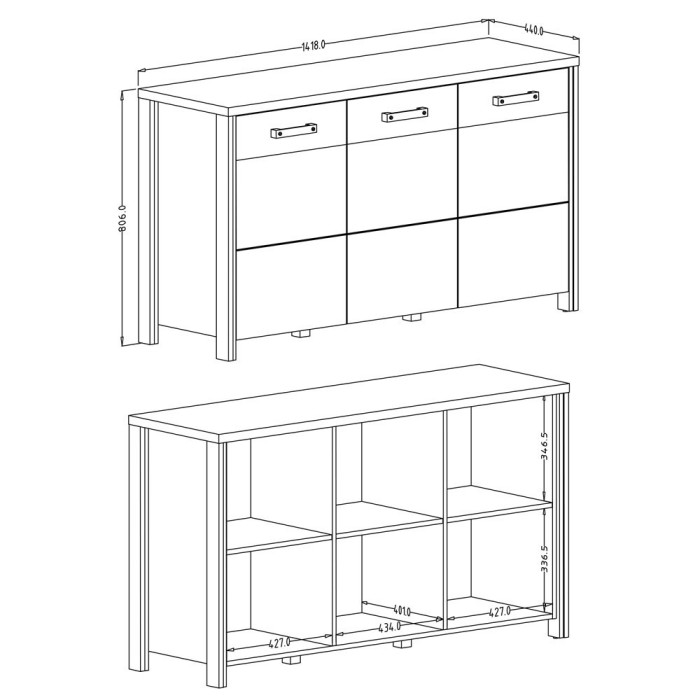 Buffet 140cm collection WINDSOR . Coloris gris anthracite et chêne foncé.