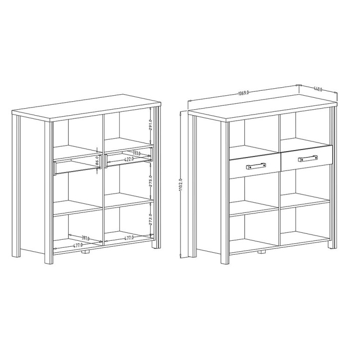 Bahut 110cm avec 2 tiroirs collection WINDSOR. Coloris gris anthracite et chêne foncé.