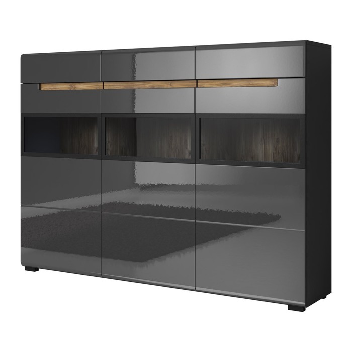 Buffet XL design avec éclairage LED 180x130. Collection LUCIA. Coloris gris brillant