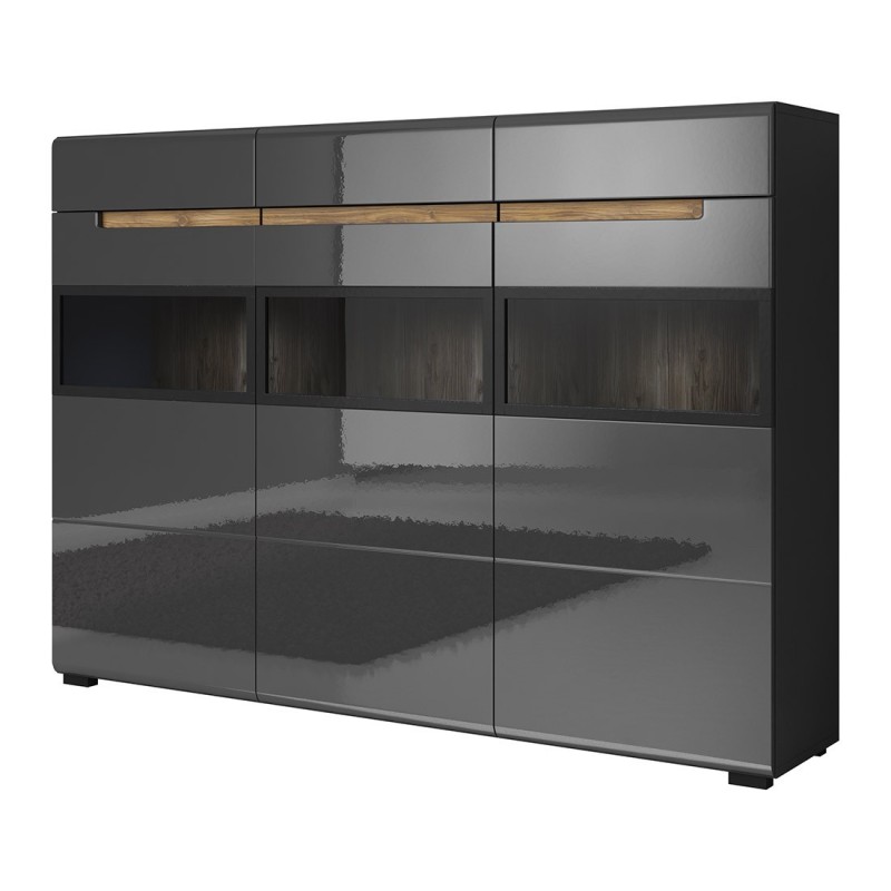 Buffet XL design avec éclairage LED 180x130. Collection LUCIA. Coloris gris brillant