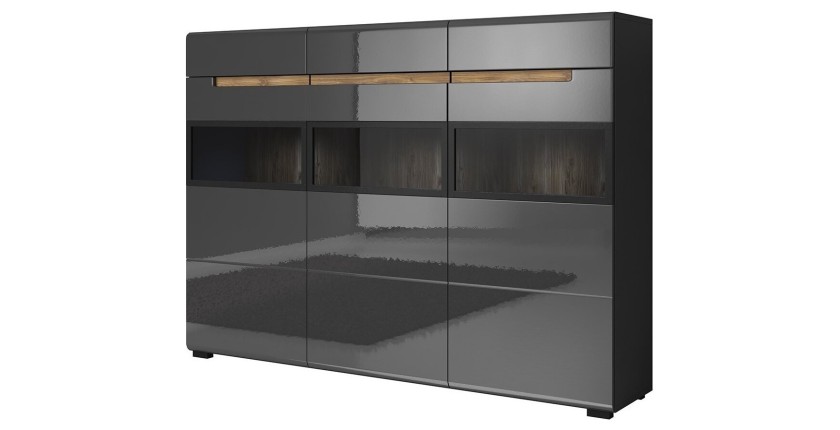 Buffet XL design avec éclairage LED 180x130. Collection LUCIA. Coloris gris brillant
