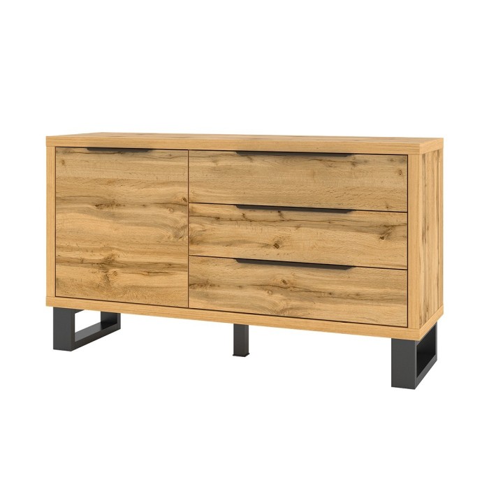 Buffet design 140cm. Collection MILO une porte et trois tiroirs. Coloris chêne.