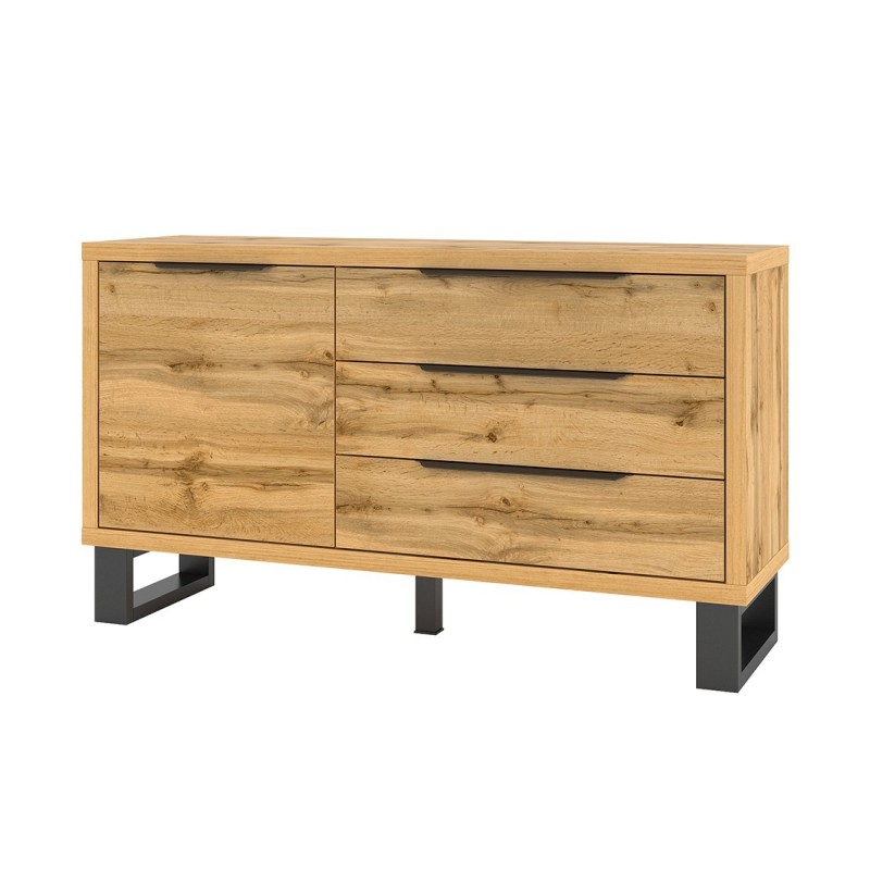 Buffet design 140cm. Collection MILO une porte et trois tiroirs. Coloris chêne.
