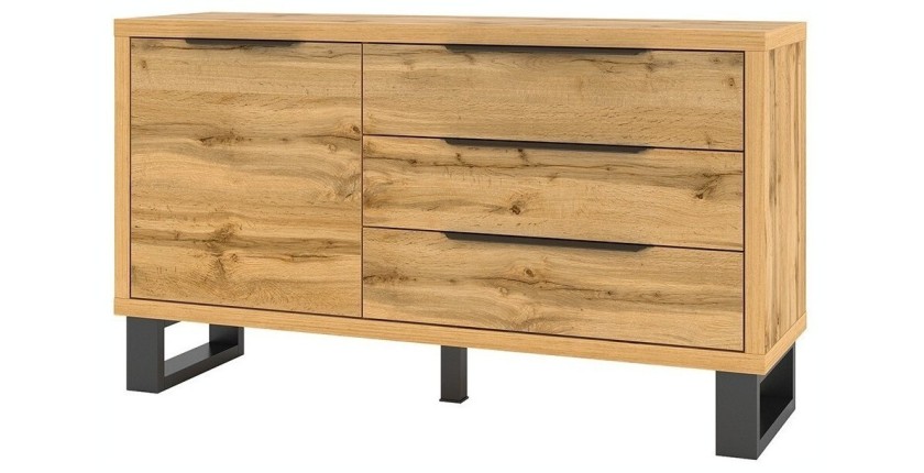 Buffet design 140cm. Collection MILO une porte et trois tiroirs. Coloris chêne.