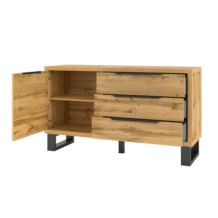 Buffet design 140cm. Collection MILO une porte et trois tiroirs. Coloris chêne.