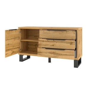 Buffet design 140cm. Collection MILO une porte et trois tiroirs. Coloris chêne.