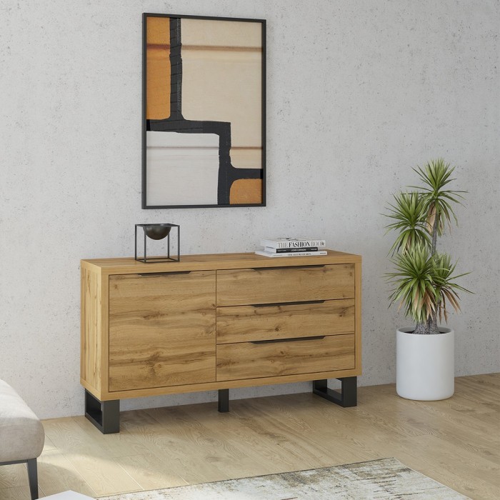 Buffet design 140cm. Collection MILO une porte et trois tiroirs. Coloris chêne.