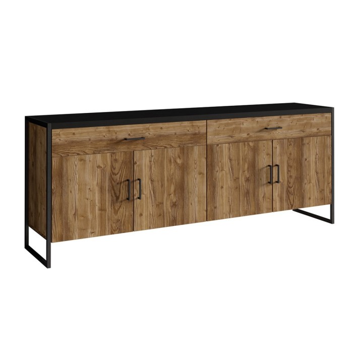 Buffet 200cm style industriel collection ANAFI . Coloris épicéa et noir. 4 portes et 2 tiroirs.