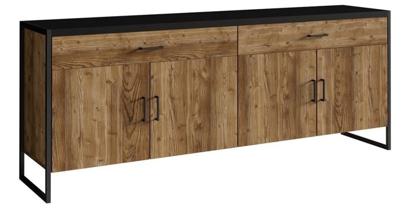 Buffet 200cm style industriel collection ANAFI . Coloris épicéa et noir. 4 portes et 2 tiroirs.