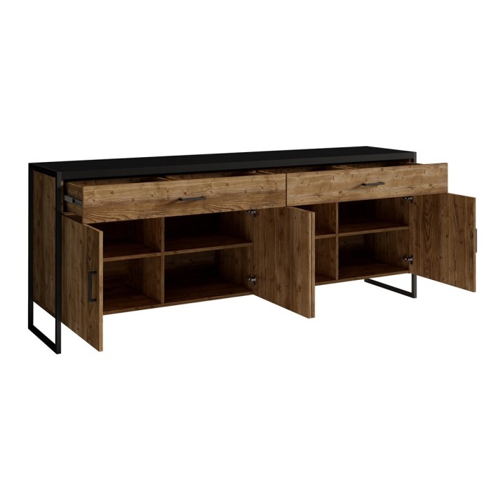 Buffet 200cm style industriel collection ANAFI . Coloris épicéa et noir. 4 portes et 2 tiroirs.
