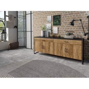 Buffet 200cm style industriel collection ANAFI . Coloris épicéa et noir. 4 portes et 2 tiroirs.