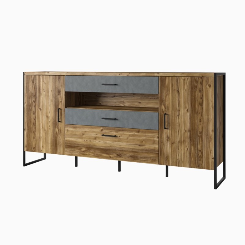Buffet 200cm style industriel collection ZOLA. Coloris épicéa et gris. 3 portes et 2 tiroirs.