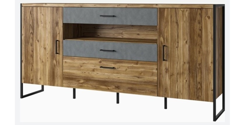 Buffet 200cm style industriel collection ZOLA. Coloris épicéa et gris. 3 portes et 2 tiroirs.