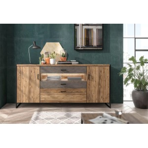Buffet 200cm style industriel collection ZOLA. Coloris épicéa et gris. 3 portes et 2 tiroirs.