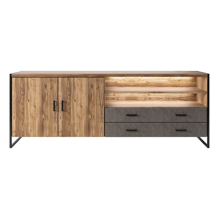 Buffet 200cm style industriel collection ZOLA. Coloris épicéa et gris. 2 portes et 2 tiroirs.