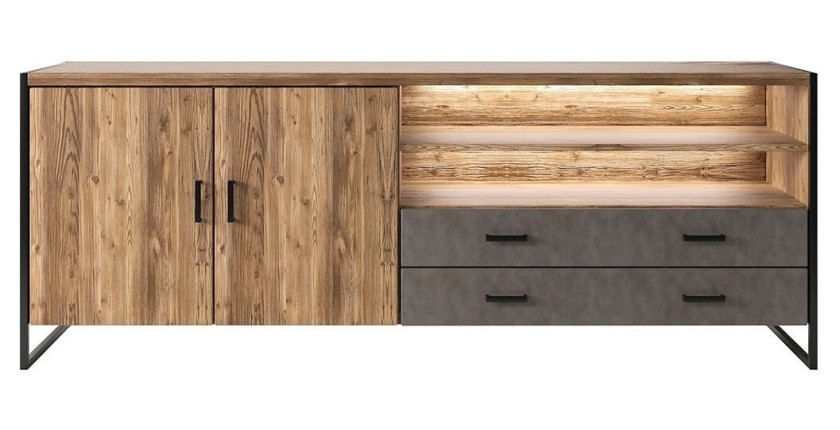 Buffet 200cm style industriel collection ZOLA. Coloris épicéa et gris. 2 portes et 2 tiroirs.