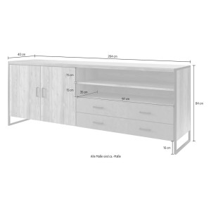 Buffet 200cm style industriel collection ZOLA. Coloris épicéa et gris. 2 portes et 2 tiroirs.