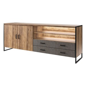 Buffet 200cm style industriel collection ZOLA. Coloris épicéa et gris. 2 portes et 2 tiroirs.