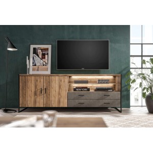 Buffet 200cm style industriel collection ZOLA. Coloris épicéa et gris. 2 portes et 2 tiroirs.