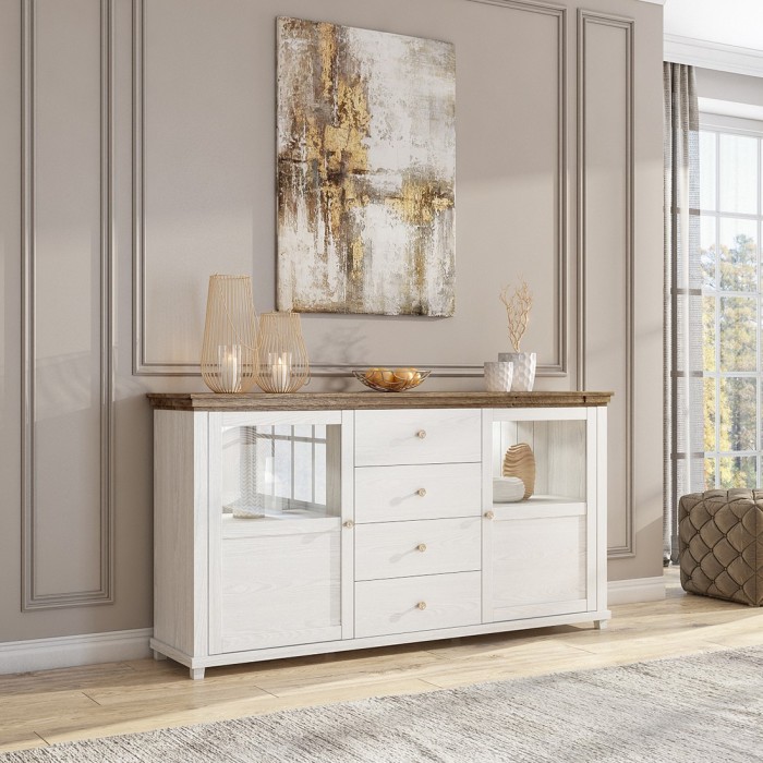 Buffet 180cm avec LED intégrées collection ASSIA. Coloris frêne blanc et chêne. 2 portes et 4 tiroirs.