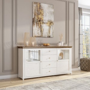 Buffet 180cm avec LED intégrées collection ASSIA. Coloris frêne blanc et chêne. 2 portes et 4 tiroirs.