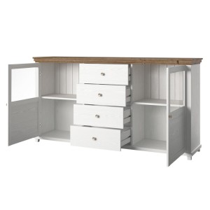Buffet 180cm avec LED intégrées collection ASSIA. Coloris frêne blanc et chêne. 2 portes et 4 tiroirs.