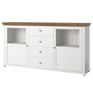 Buffet 180cm avec LED intégrées collection ASSIA. Coloris frêne blanc et chêne. 2 portes et 4 tiroirs.