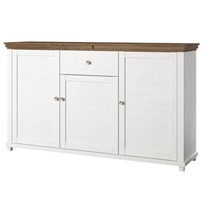 Buffet 160cm avec 3 portes et un tiroir collection ASSIA. Coloris frêne blanc et chêne.