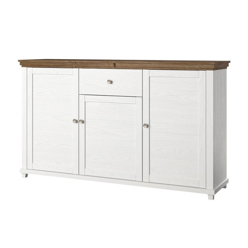 Buffet 160cm avec 3 portes et un tiroir collection ASSIA. Coloris frêne blanc et chêne.