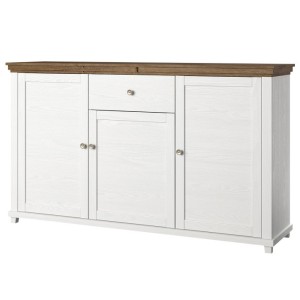 Buffet 160cm avec 3 portes et un tiroir collection ASSIA. Coloris frêne blanc et chêne.