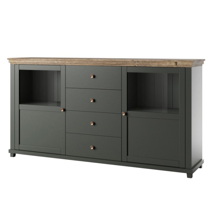Buffet 180cm avec LED intégrées collection ASSIA. Coloris vert et chêne. 2 portes et 4 tiroirs.