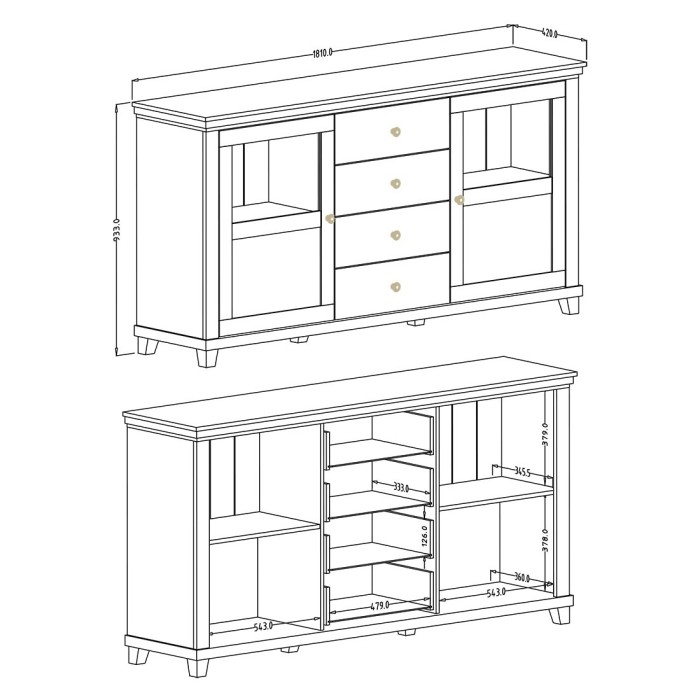 Buffet 180cm avec LED intégrées collection ASSIA. Coloris vert et chêne. 2 portes et 4 tiroirs.
