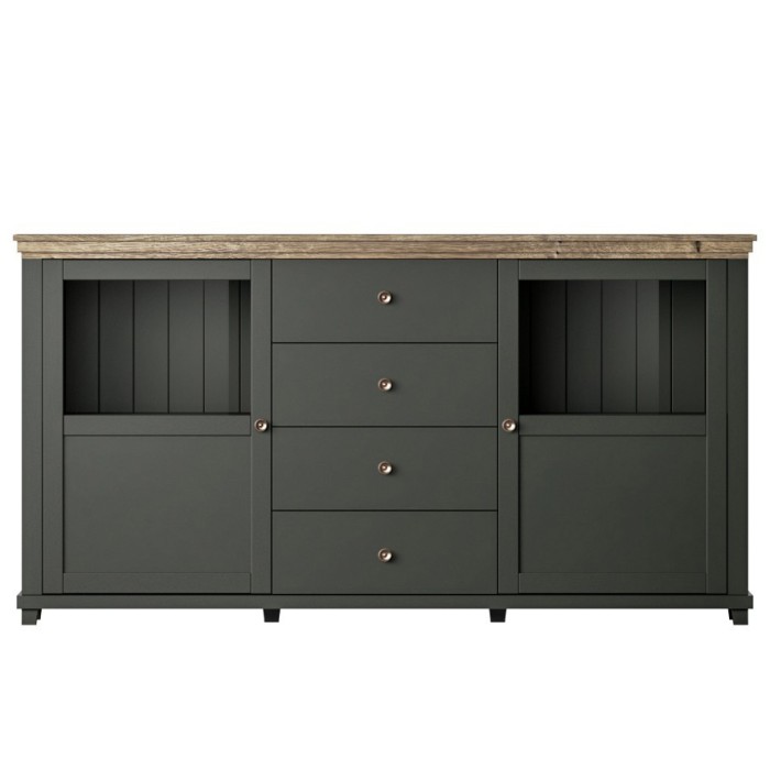 Buffet 180cm avec LED intégrées collection ASSIA. Coloris vert et chêne. 2 portes et 4 tiroirs.