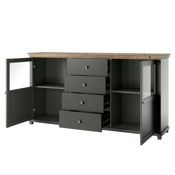 Buffet 180cm avec LED intégrées collection ASSIA. Coloris vert et chêne. 2 portes et 4 tiroirs.