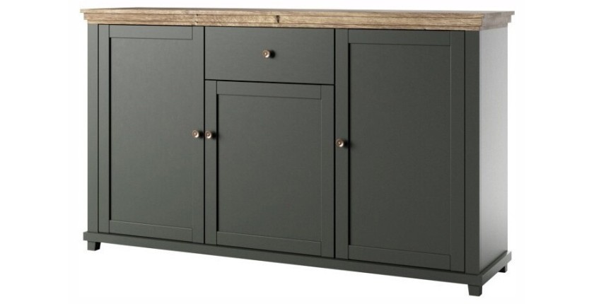 Buffet 160cm avec 3 portes et un tiroir collection ASSIA. Coloris vert et chêne.