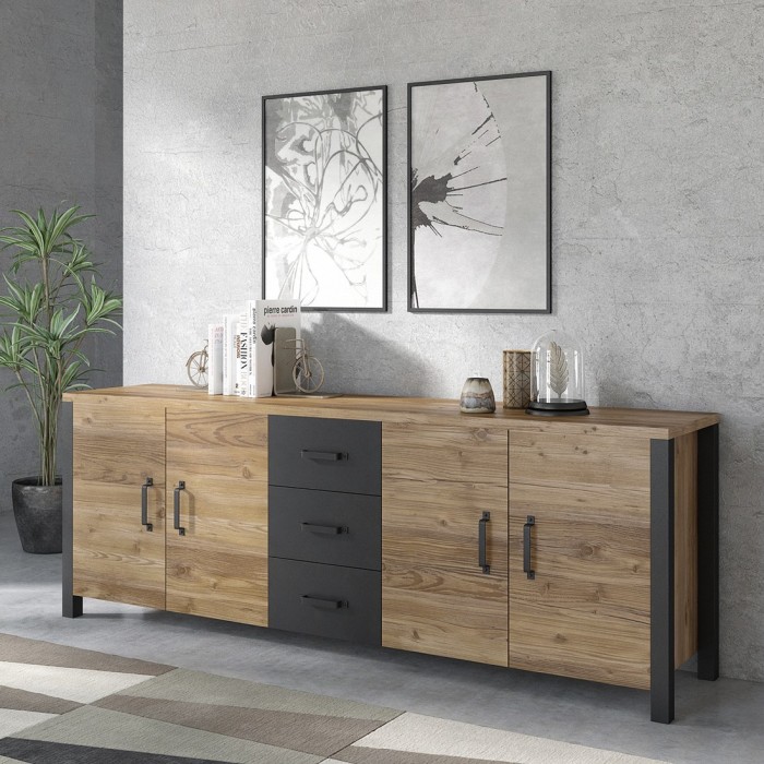 Buffet 220cm collection DARWIN. Couleur épicéa et noir. 4 portes et 3 tiroirs
