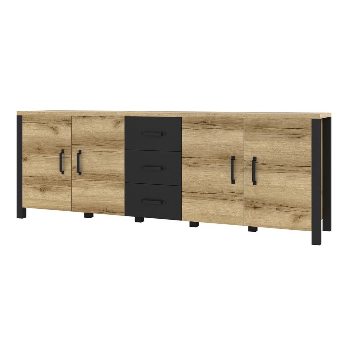 Buffet 220cm collection DARWIN. Couleur chêne clair et noir. 4 portes et 3 tiroirs
