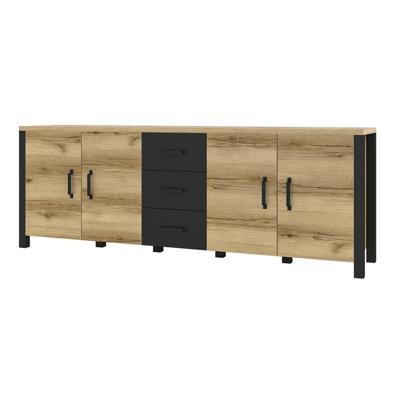 Buffet 220cm collection DARWIN. Couleur chêne clair et noir. 4 portes et 3 tiroirs