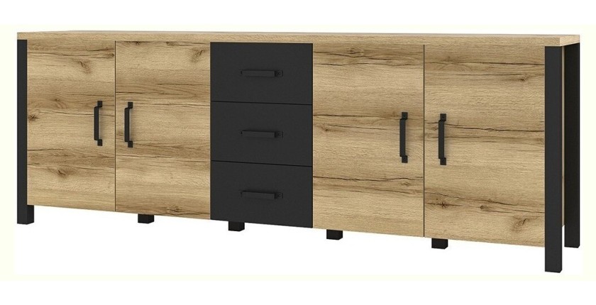 Buffet 220cm collection DARWIN. Couleur chêne clair et noir. 4 portes et 3 tiroirs