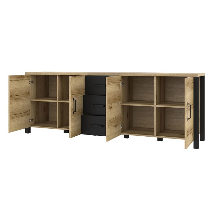 Buffet 220cm collection DARWIN. Couleur chêne clair et noir. 4 portes et 3 tiroirs