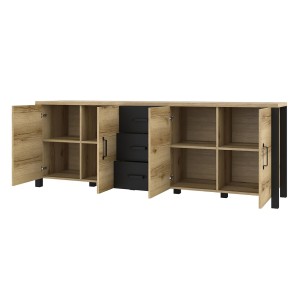 Buffet 220cm collection DARWIN. Couleur chêne clair et noir. 4 portes et 3 tiroirs