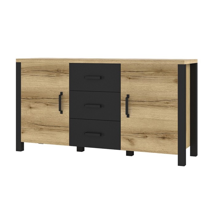 Buffet 150cm collection DARWIN. Couleur chêne clair et noir. 2 portes et 3 tiroirs