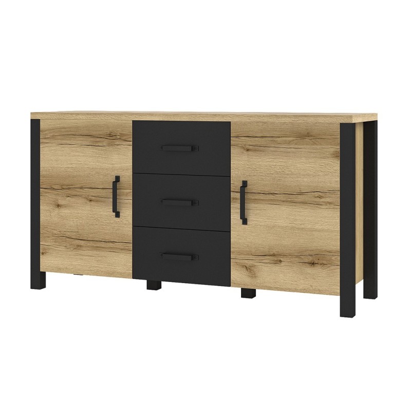 Buffet 150cm collection DARWIN. Couleur chêne clair et noir. 2 portes et 3 tiroirs