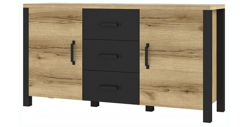 Buffet 150cm collection DARWIN. Couleur chêne clair et noir. 2 portes et 3 tiroirs
