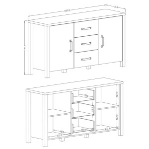 Buffet 150cm collection DARWIN. Couleur chêne clair et noir. 2 portes et 3 tiroirs