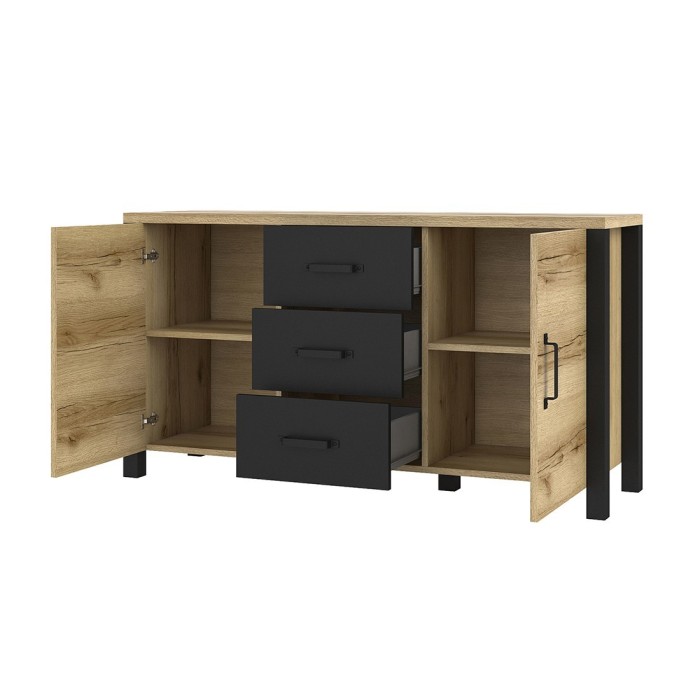 Buffet 150cm collection DARWIN. Couleur chêne clair et noir. 2 portes et 3 tiroirs