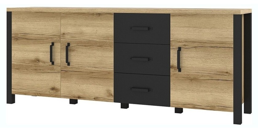 Buffet XL 190cm collection DARWIN. Couleur chêne clair et noir. 3 portes et 3 tiroirs