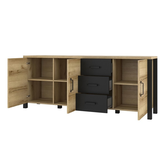 Buffet XL 190cm collection DARWIN. Couleur chêne clair et noir. 3 portes et 3 tiroirs