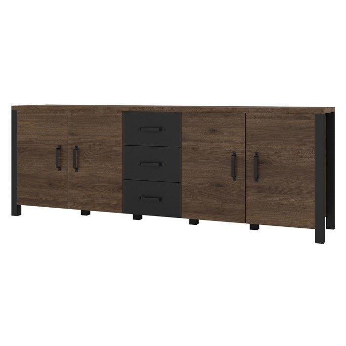 Buffet 220cm collection DARWIN. Couleur chêne foncé et noir. 4 portes et 3 tiroirs